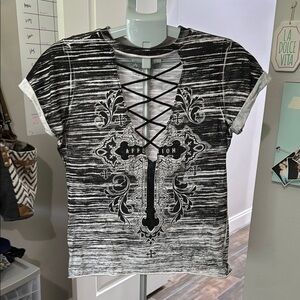 Affliction Y2K Black and White Cross Lace-Up Tee